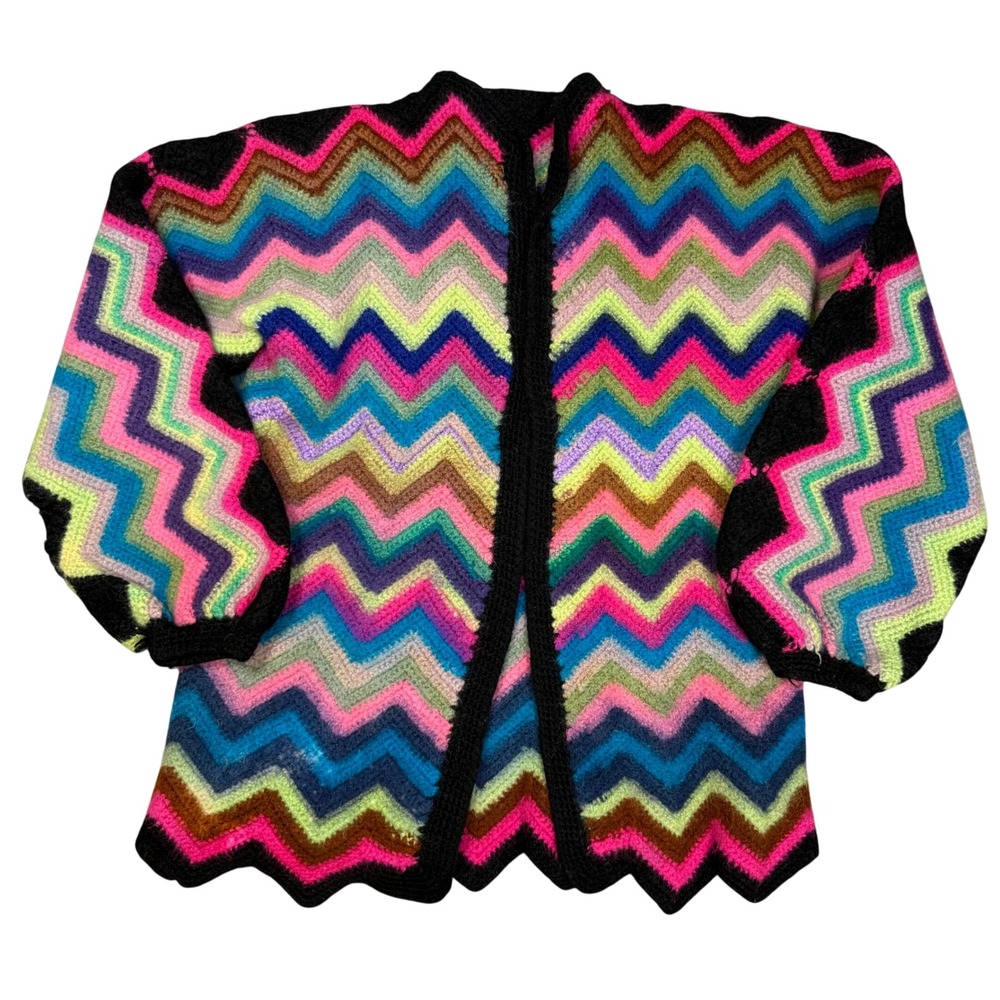 Handmade Rainbow Chevron Crochet Cardigan Indie Sleaze Dopamine Festival Knit M